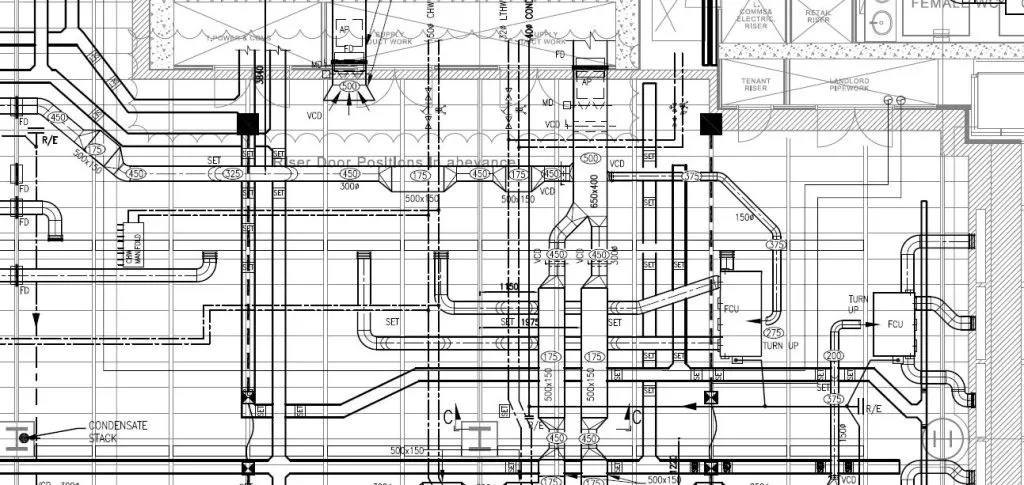 Color-coded HVAC schematic drawing produced with an Alpha TAB test report